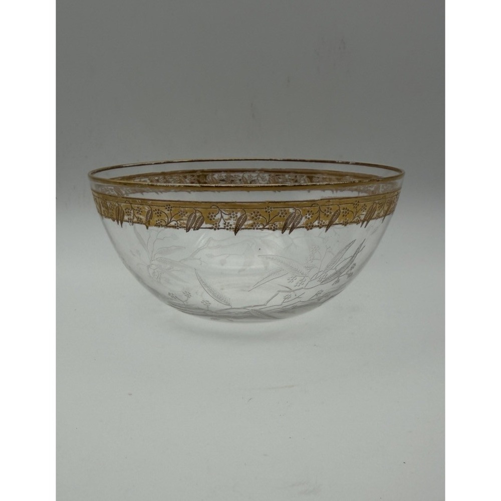 Antique Etched Glass Finger Bowl Gold Gilt Floral Leaf Rim 5" Victorian Style